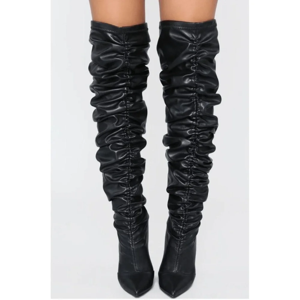 Fashion Nova Black Stiletto‎ Thigh-High Ruched Slouchy Boots Pointed Toe